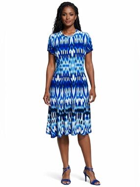 NWT Maggy London SZ 6 Blue/white sharkbite hemline midi dress/bust 36”-38”